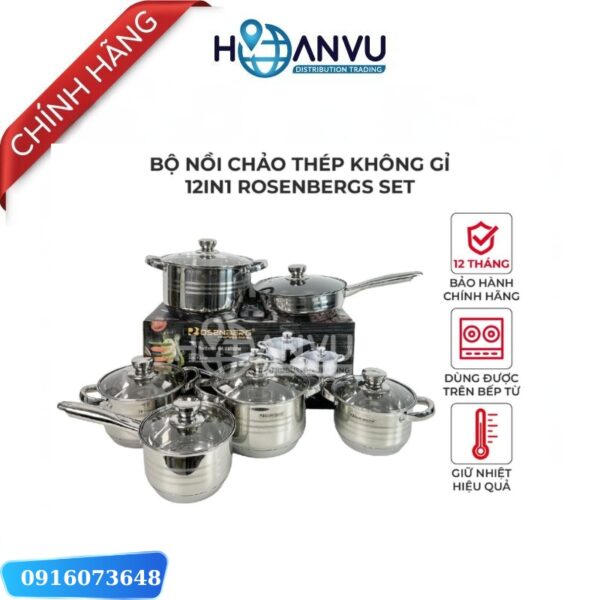 Bộ nồi chảo thép không gỉ 12in1 Rosenbergs